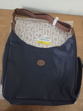 Longchamp Navy Blue Nylon Shoulder Bag with Brown Strap